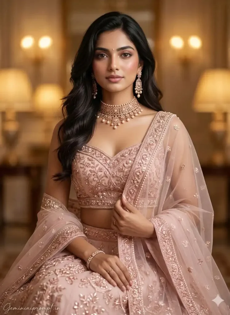 Beautiful Indian Girl Engagement Lehenga AI Photo Prompts
