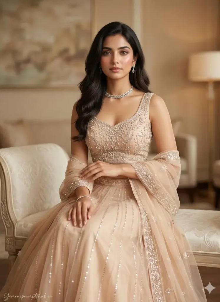 Beautiful Indian Girl Engagement Lehenga AI Photo Prompts
