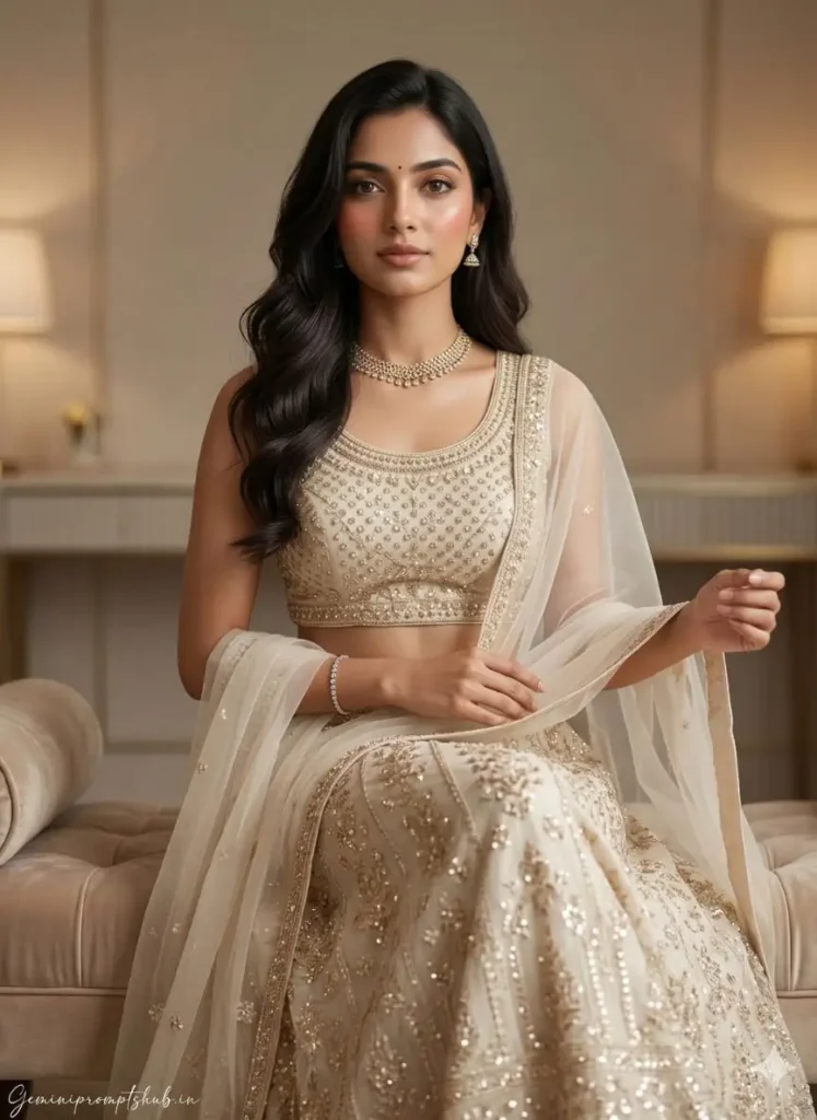 Beautiful Indian Girl Engagement Lehenga AI Photo Prompts
