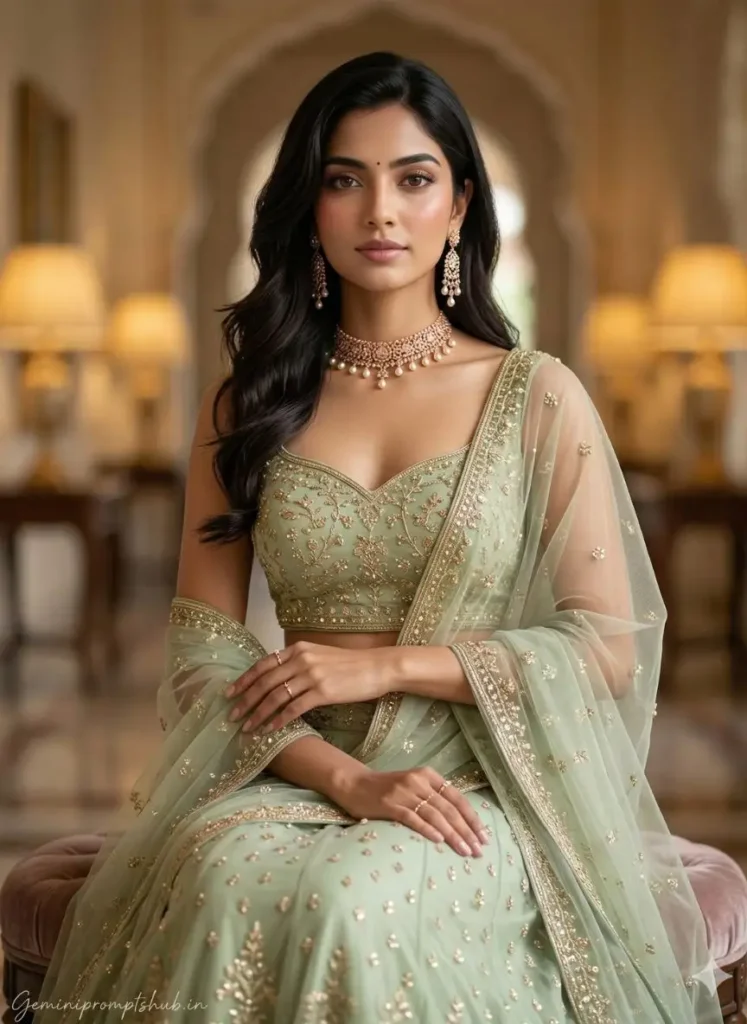 Beautiful Indian Girl Engagement Lehenga AI Photo Prompts
